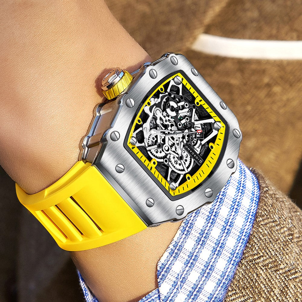 Giordano Analog Watch for Men - Skeleton-Style Dial | Brushed Steel Case with Silicone Strap | GZ-50127-05